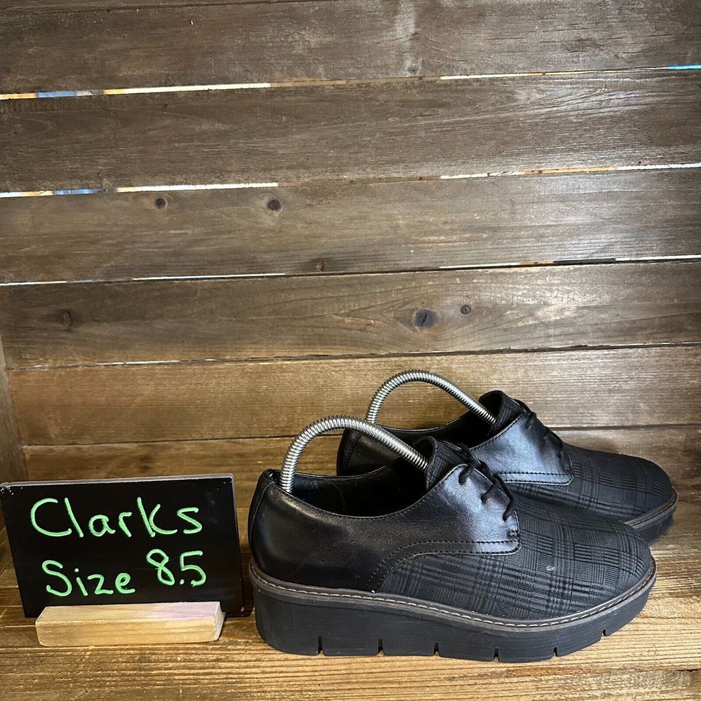 Womens Clarks‎ Airabell Ultimate Plaid Black Platform Wedges Oxfords Size 8.5 M